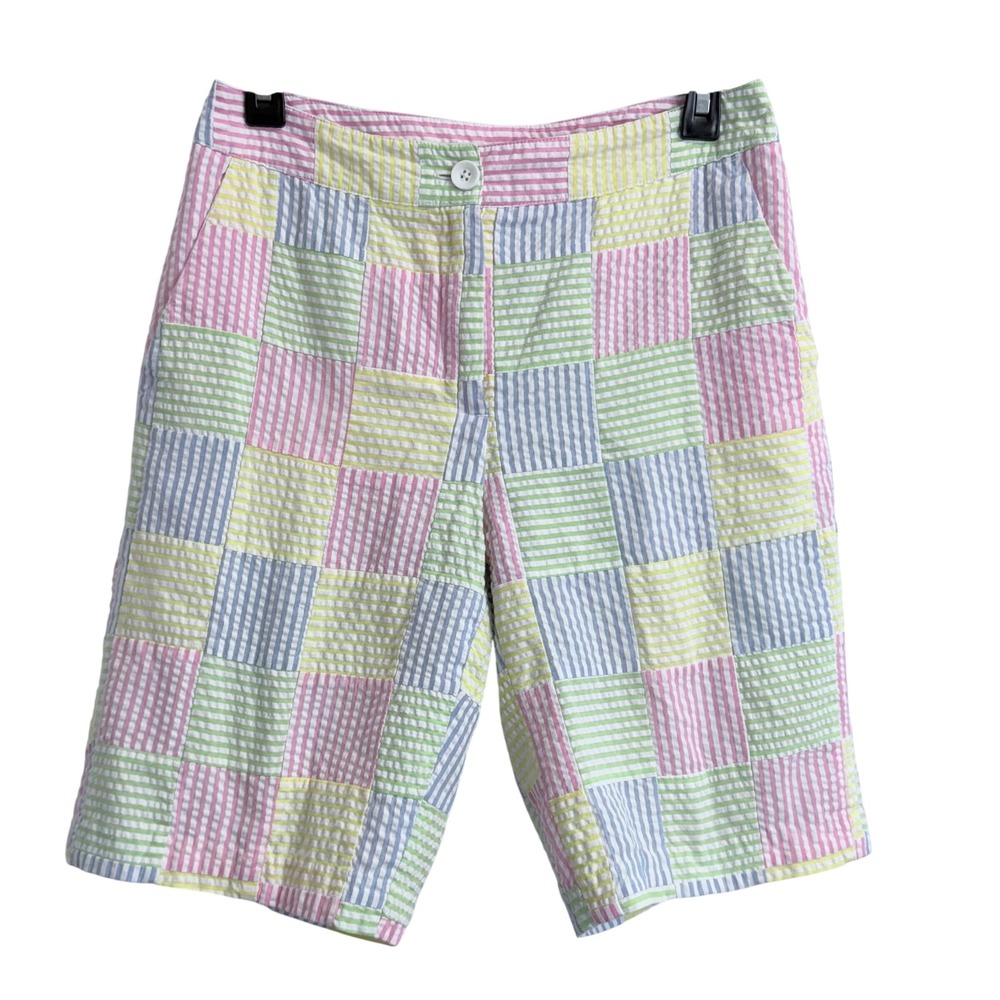 EP Pro Pastel Patchwork‎ Seersucker Golf Shorts Womens 2 Pink Blue Striped Plaid